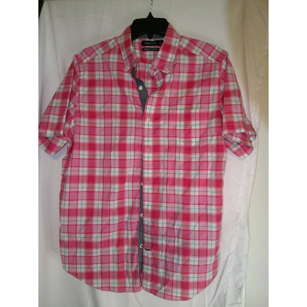 Nautica Pink Plaid Short Sleeve Button Down Shirt Classic Fit Stretch Casual‎